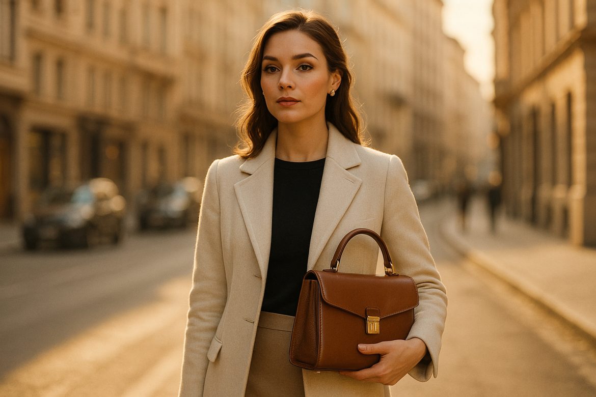 Femme élégante dans une rue ensoleillée de la ville avec sac à main en cuir