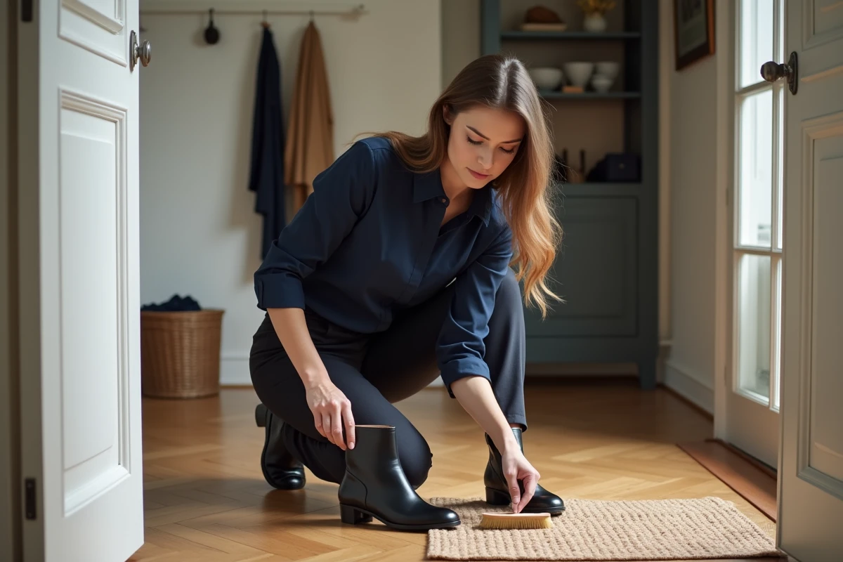 Jeune femme entretenant ses bottines en cuir noir avec une brosse à chaussures professionnelle dans un couloir d'entrée moderne