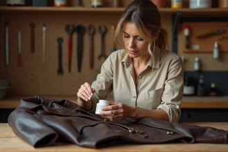 Femme examinant une veste en cuir marron sur un établi avec un pot de cirage potentiellement nocif