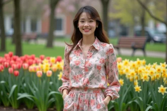 Femme souriante en tenue florale dans un parc printanier