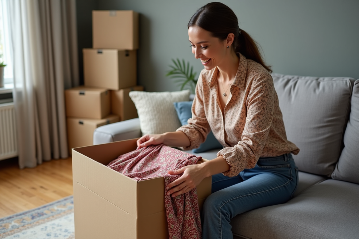 Femme plie un vetement de luxe dans un salon chic
