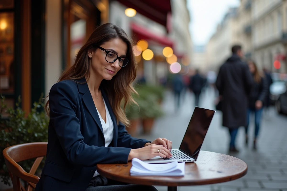 Femme journaliste en extérieur travaillant sur son ordinateur dans un café parisien