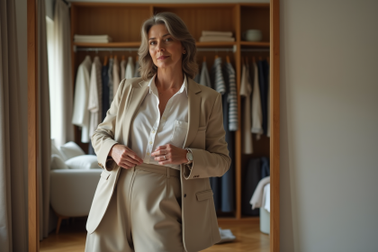Femme élégante en pantalon haut ajusté dans une chambre