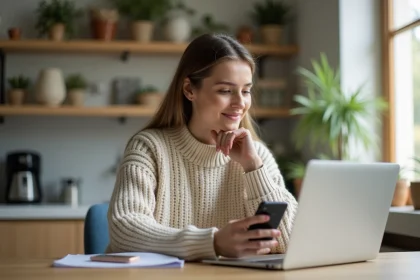 Jeune femme souriante utilisant son ordinateur dans un intérieur cosy