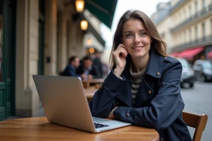 Jeune femme parisienne sirotant un espresso au café