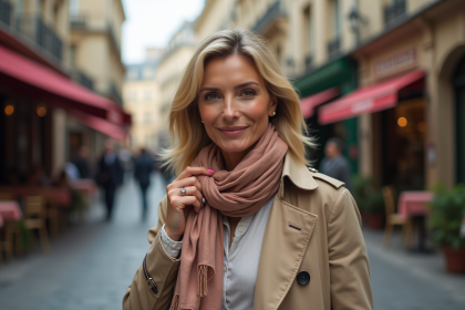 Femme parisienne élégante avec foulard en silk dans une rue historique