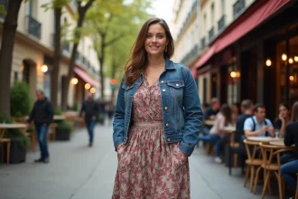 Femme confiante en robe midi à Paris avec café en arrière-plan