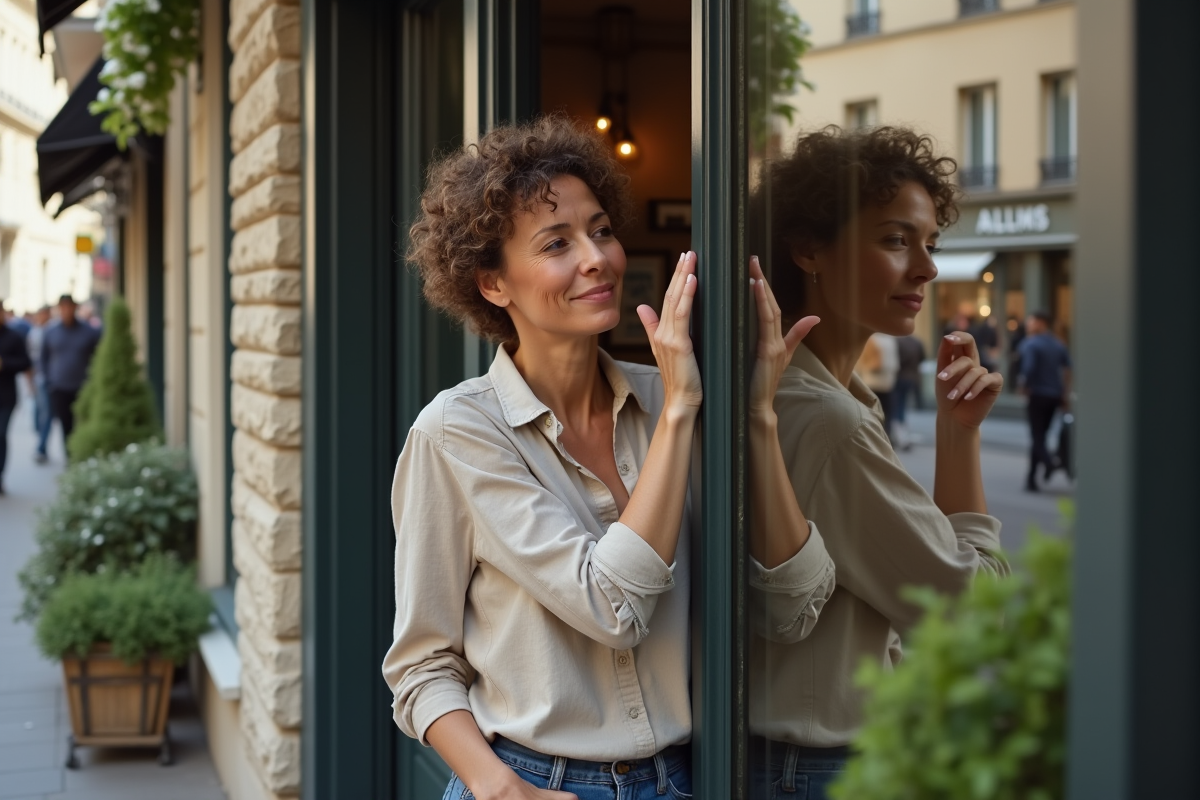 Femme inspectant son reflet dans une vitrine de café