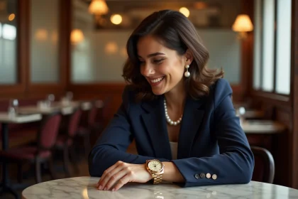 Femme élégante portant une Rolex Day-Date dans un café parisien, illustrant le style et le luxe d'une montre de prestige au quotidien