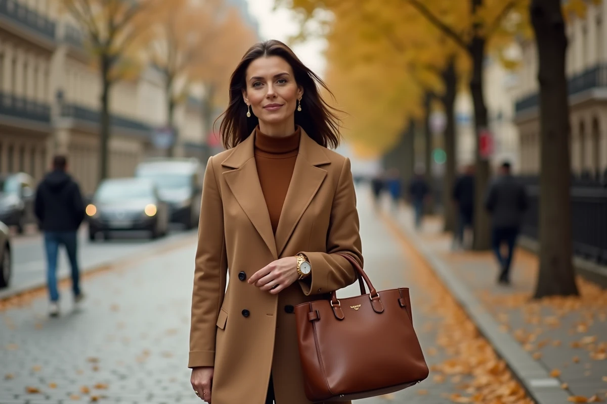 Femme élégante portant une Rolex Day-Date en or lors d'une promenade automnale à Paris, symbole d'un investissement horloger féminin alliant style et valeur
