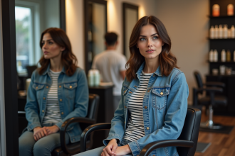 Femme dans un salon de coiffure regardant son reflet