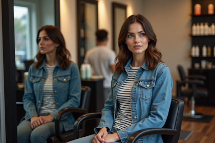 Femme dans un salon de coiffure regardant son reflet