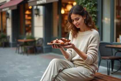 Jeune femme examine des sandales en ville avec boutiques en arrière-plan