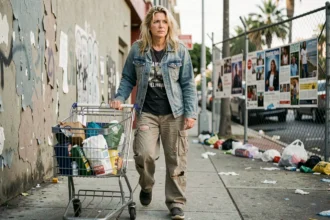 Femme sans-abri aux cheveux blonds ébouriffés poussant un chariot rempli d'affaires dans une rue urbaine délabrée de Los Angeles