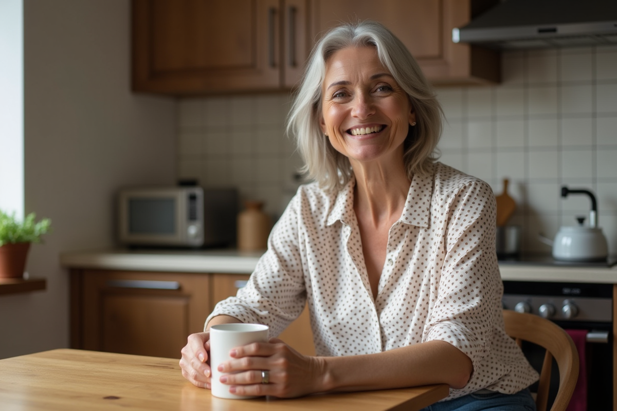Femme souriante assise à la table de cuisine