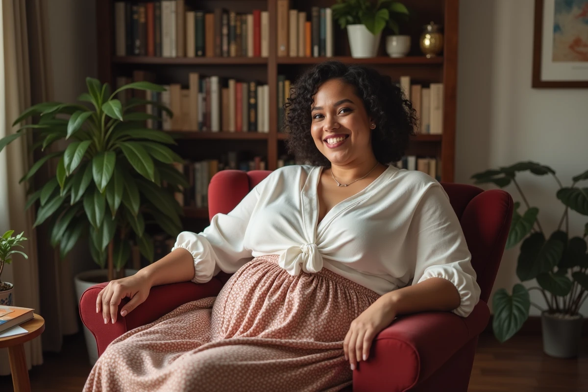 Femme souriante en salon avec fauteuil en velours et livres