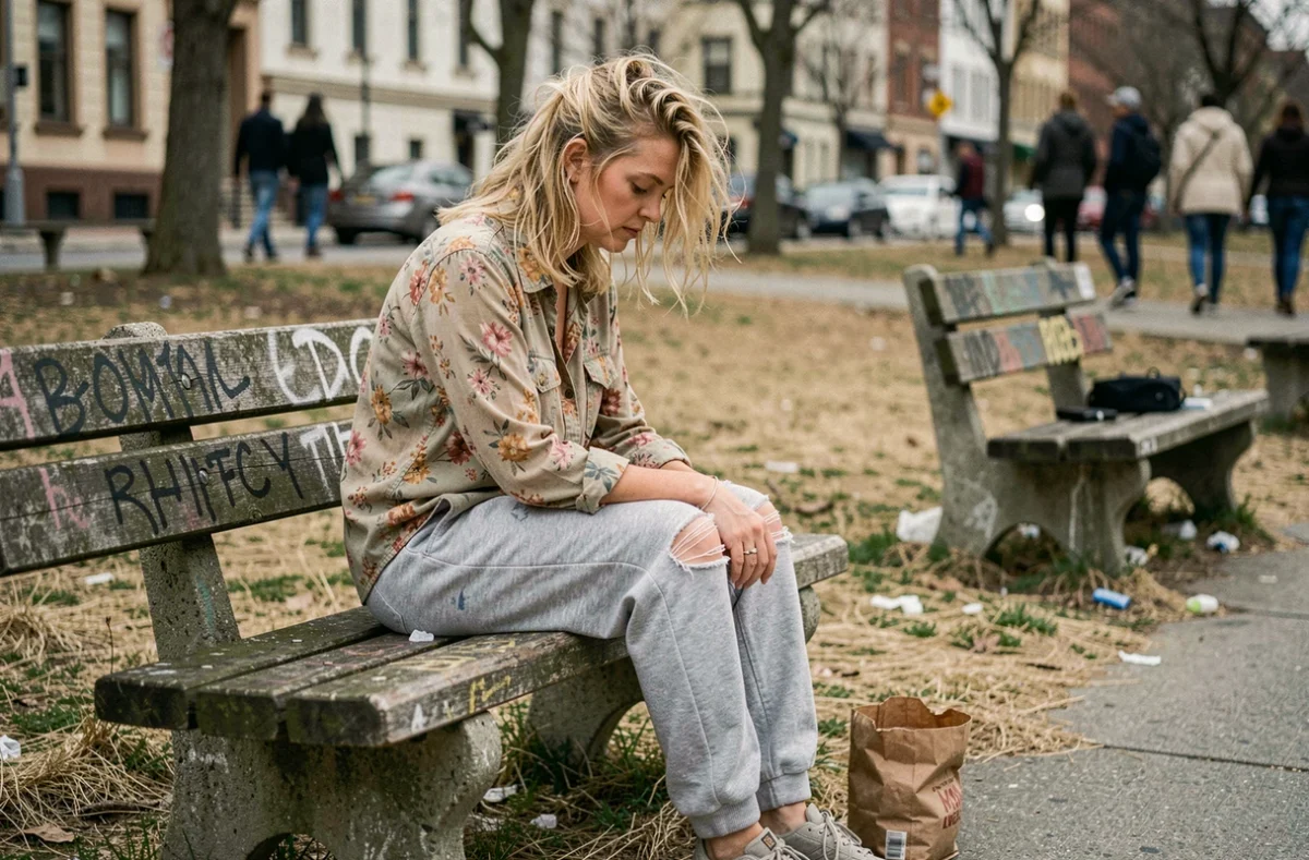 Femme seule assise sur un banc de parc public en tenue usée, illustrant la solitude et la précarité de la vie à la rue