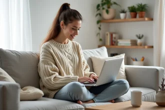 Jeune femme consultant un site de shopping intelligent sur son ordinateur portable dans un salon minimaliste et chaleureux