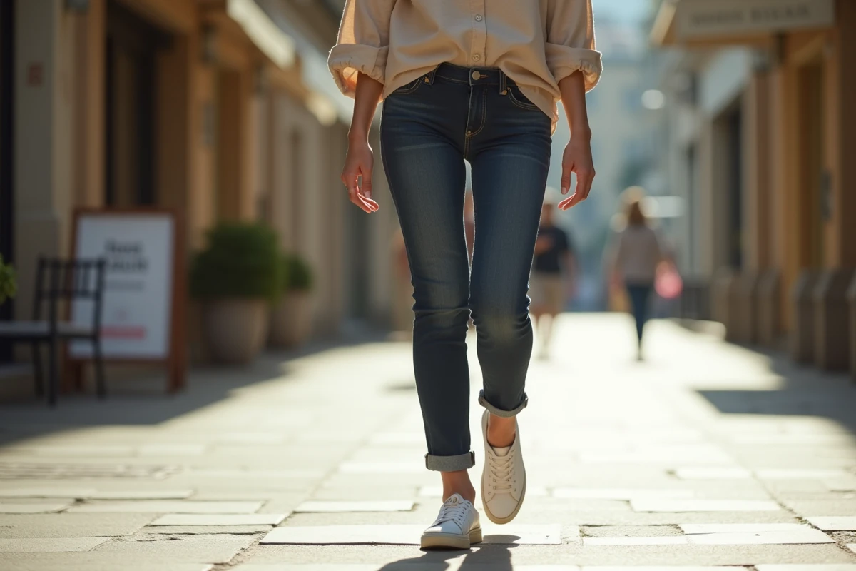 Femme portant des sneakers Sursell blanches en se promenant dans une rue commerçante urbaine
