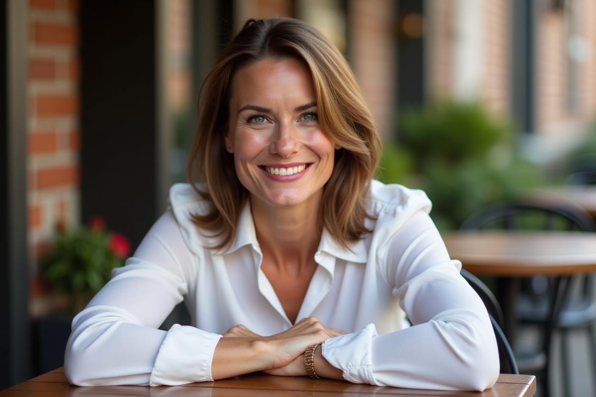Femme souriante avec rouge à lèvres rouge dans un café en plein air
