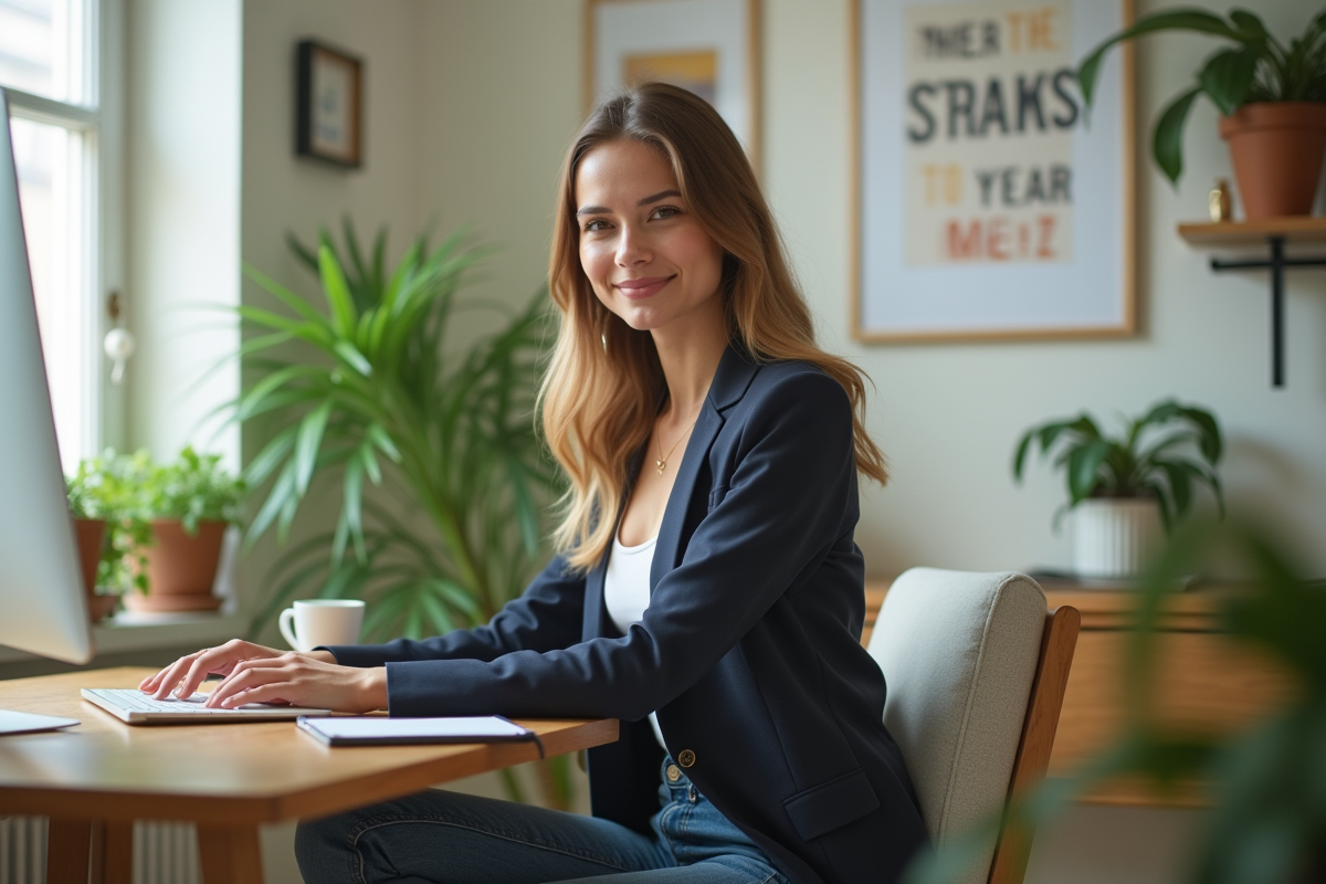 Femme travaillant sur ordinateur dans un bureau moderne et lumineux
