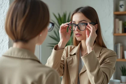 Femme en trench beige ajustant ses lunettes dans un intérieur cosy