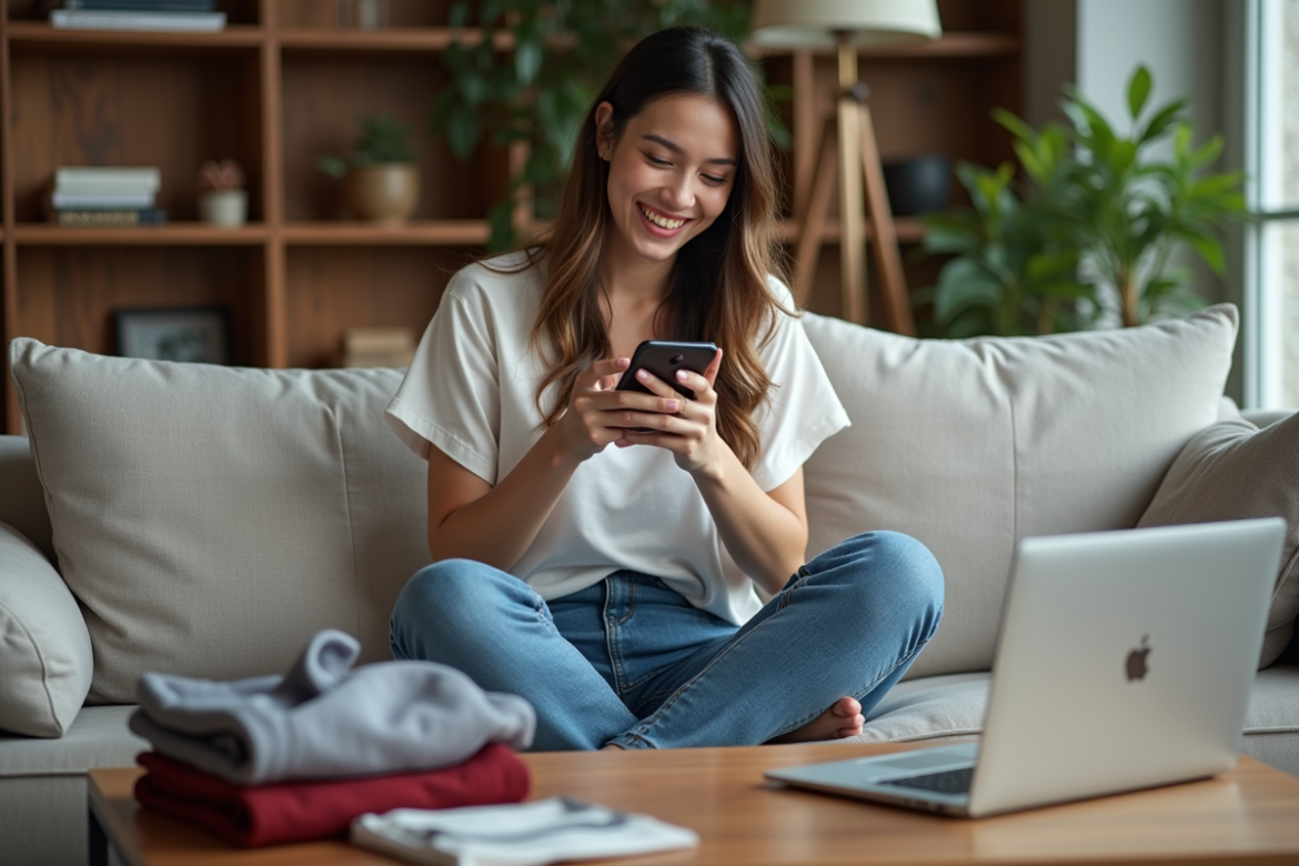 Jeune femme souriante vendant des vêtements d'occasion sur son smartphone