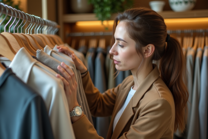 Femme examinant des vêtements écologiques en boutique
