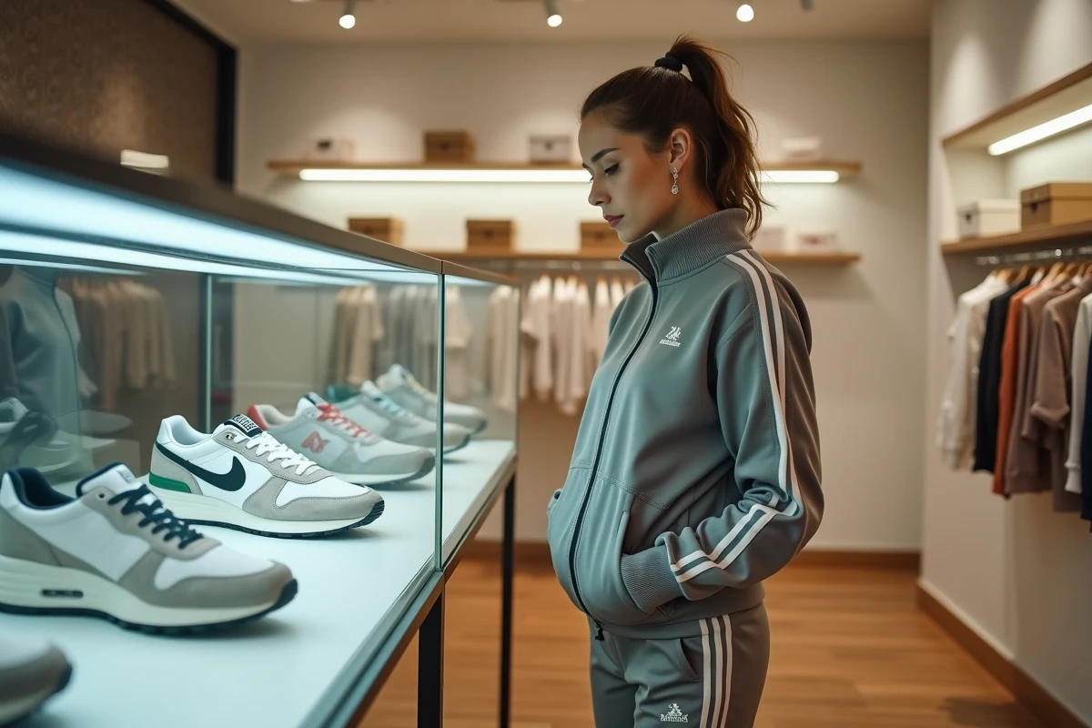 Femme inspecte des sneakers rares en boutique moderne