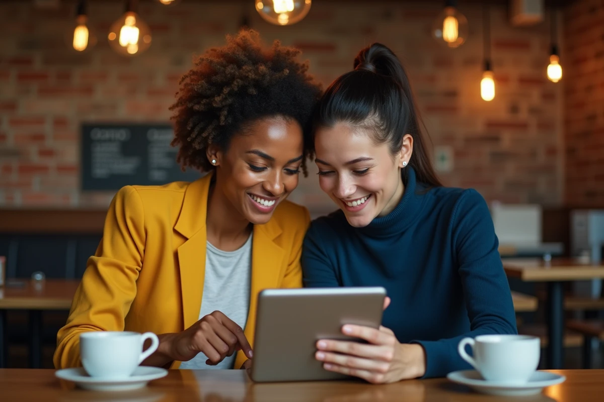 Deux femmes consultant ensemble un guide shopping sur une tablette dans un café urbain authentique