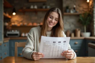 Jeune femme souriante avec tableau de conversion de chaussures