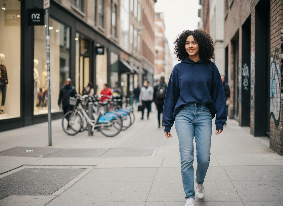 Fille adolescente en hoodie marche dans la rue urbaine