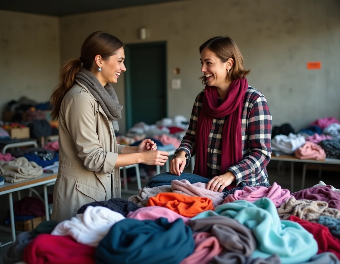 Friperie associative de Tergnier dans une salle communautaire avec des tables de vêtements triés et des bénévoles