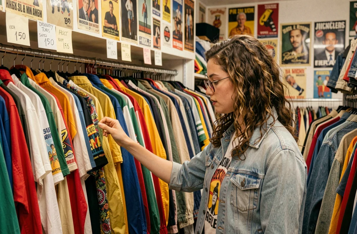 Intérieur coloré de la friperie Fripesketchup à Lyon avec racks de vêtements vintage et jeune femme fouillant les rayons