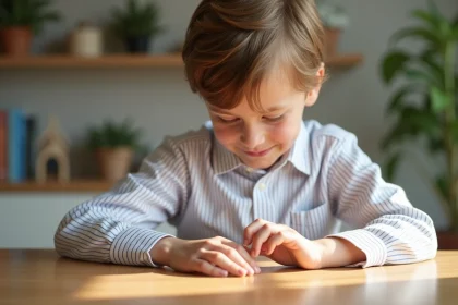 Jeune garçon regarde une bague en or sur son doigt dans la cuisine