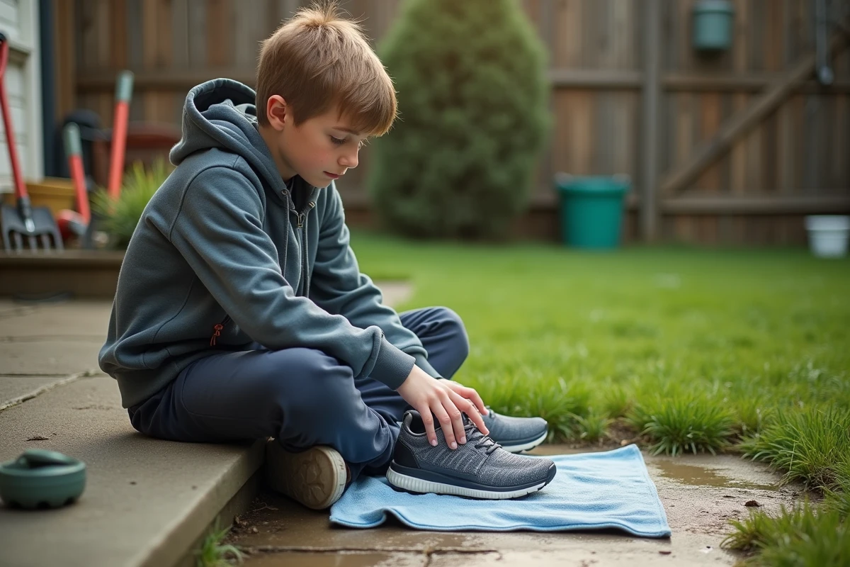 Garçon séchant ses sneakers à l