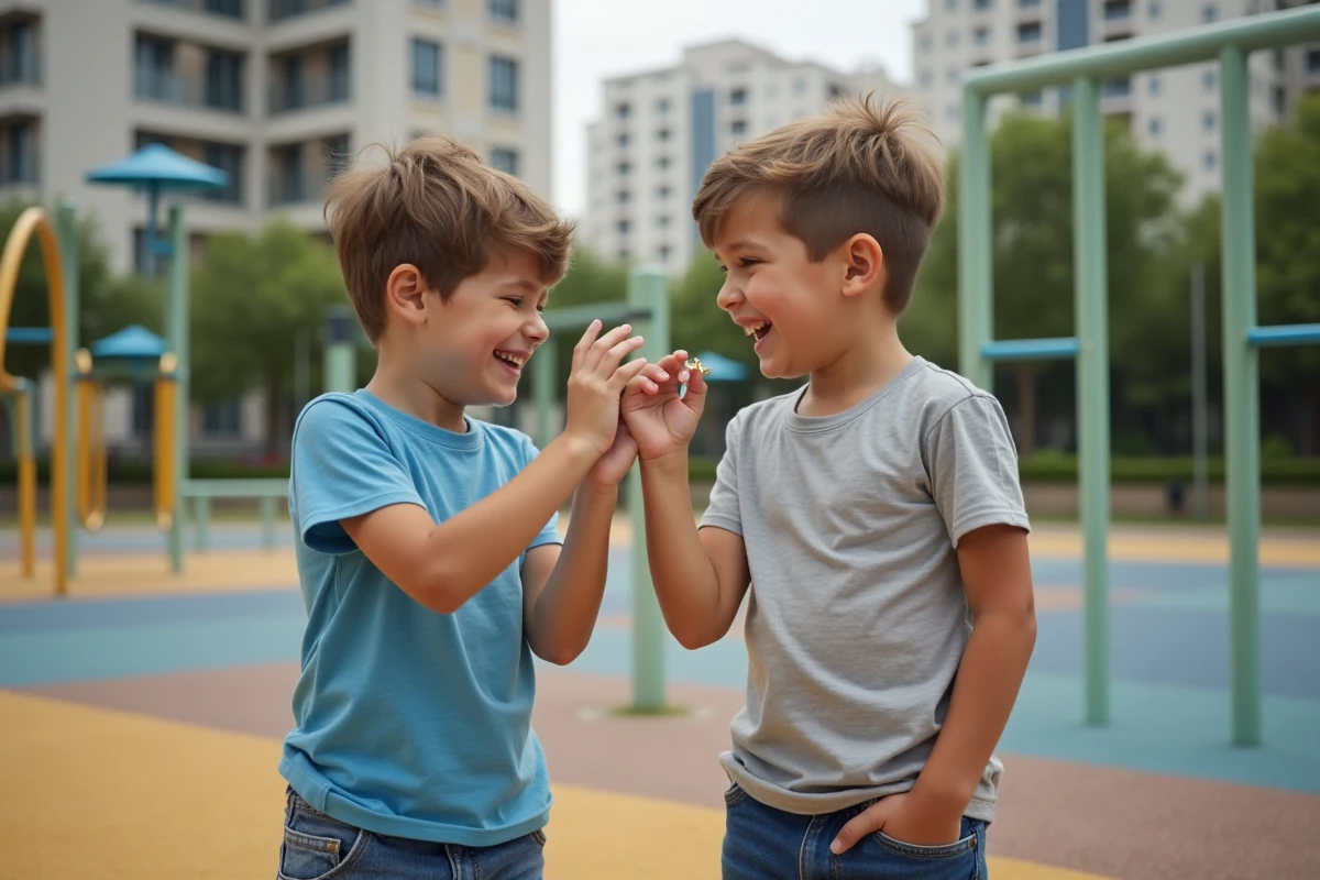 Deux garçons rient en montrant une bague lors d