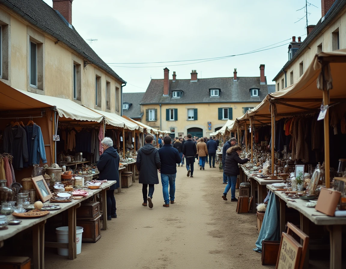 Grande Foire aux Greniers de Le Nouvion-en-Thiérache avec des étals de brocante en plein air dans la place du village