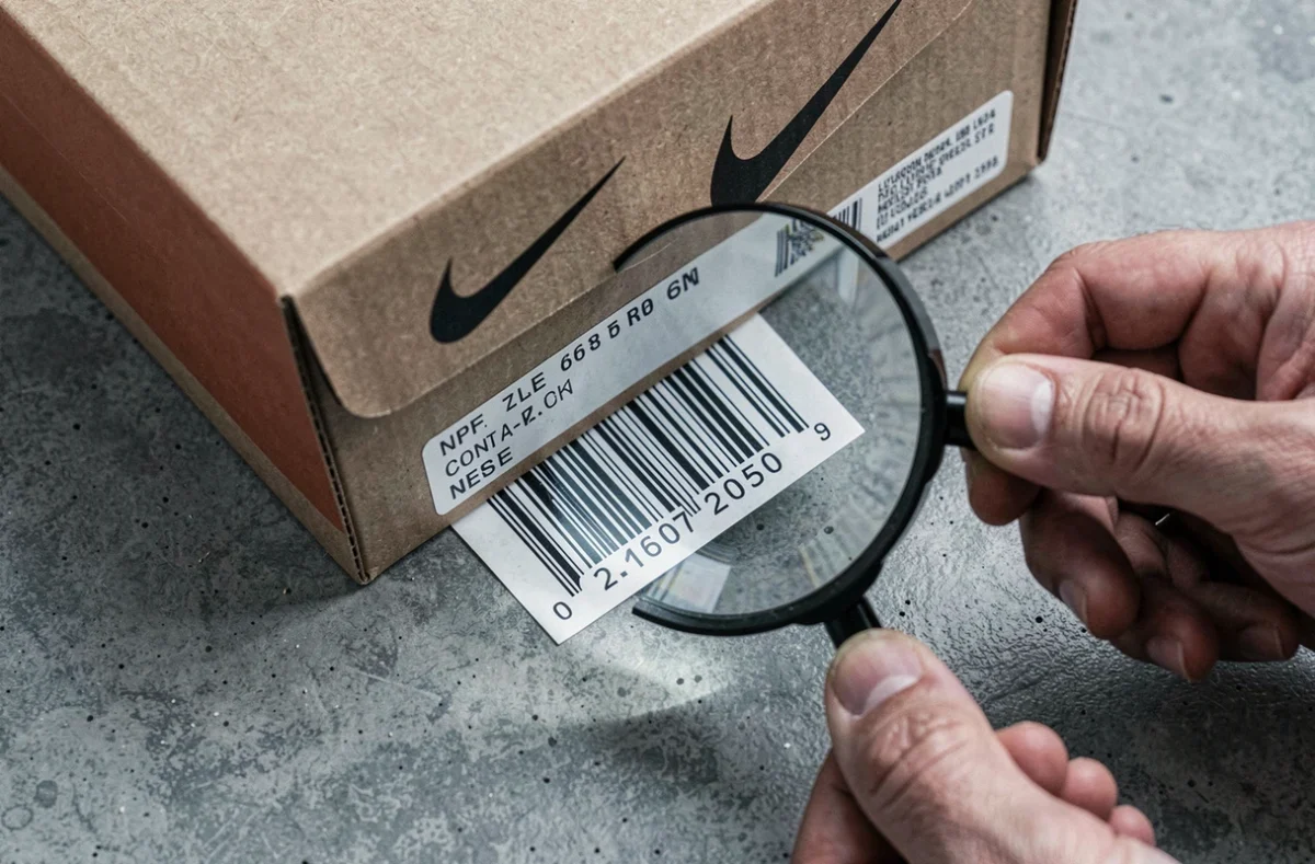 Gros plan sur le code UPC d'une boîte de Nike authentique pour vérifier son authenticité