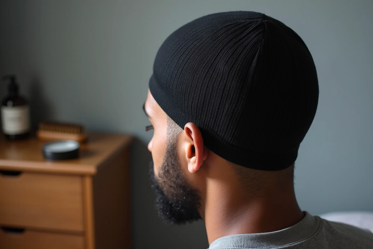 Gros plan de profil sur un wave cap bien posé révélant les vagues 360 en formation avec brosse et pommade