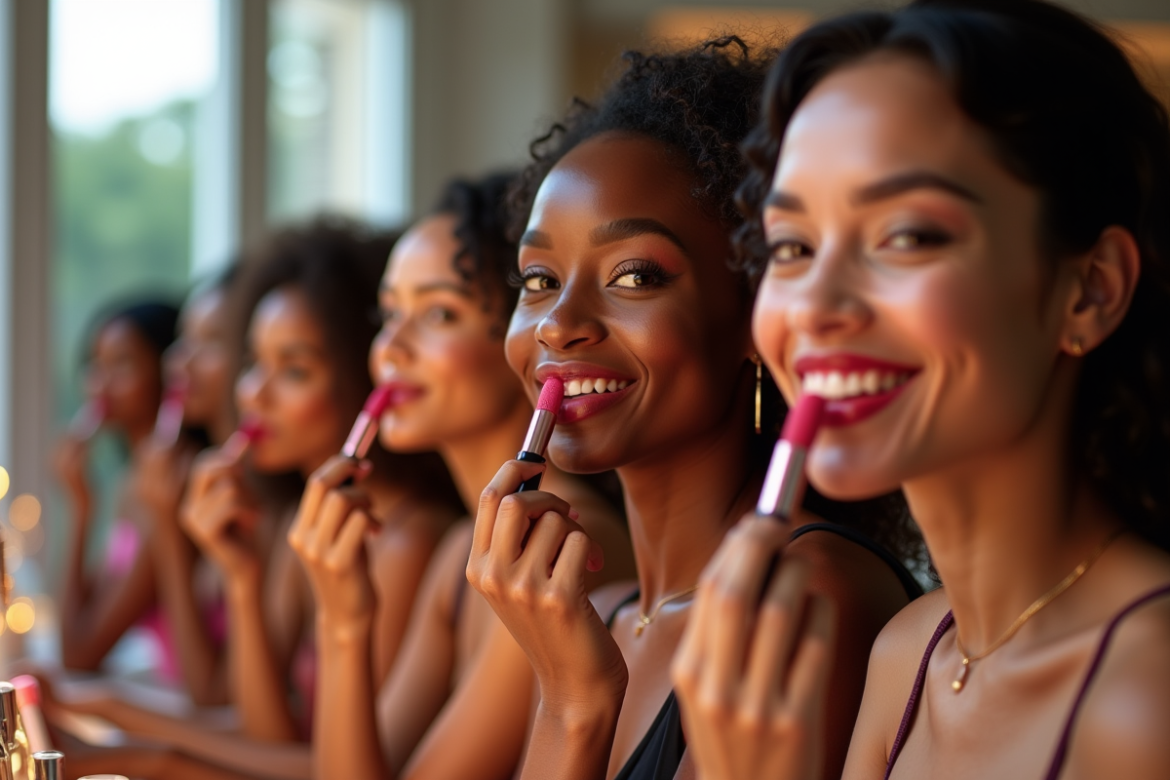 Femmes diverses essayant différents rouges à lèvres à la vanité