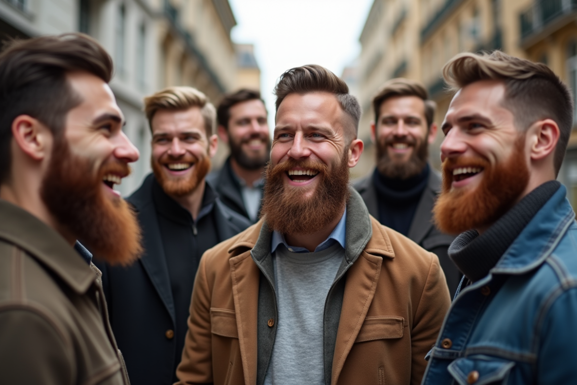 Groupe d'hommes avec différentes barbes à l'extérieur
