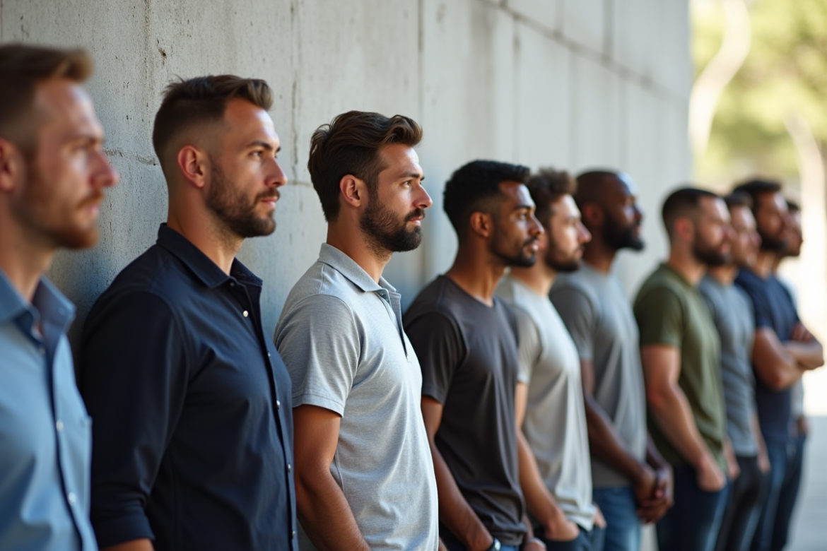 Groupe d'hommes français divers debout côte à côte