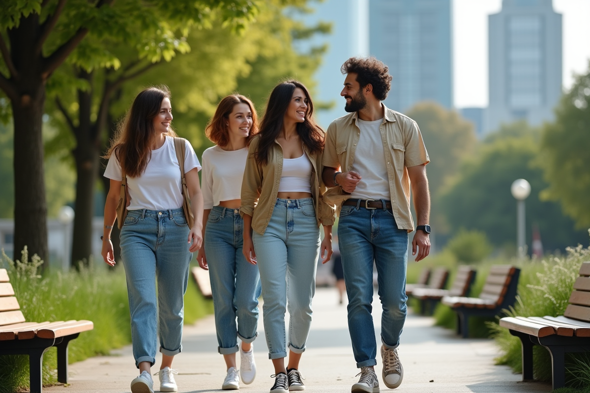 Jeunes adultes en vêtements durables dans un parc urbain