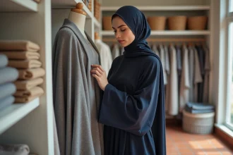 Jeune femme en djilbeb bleu marine dans une boutique de tissus examinant les matières disponibles