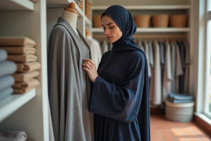 Jeune femme en djilbeb bleu marine dans une boutique de tissus examinant les matières disponibles
