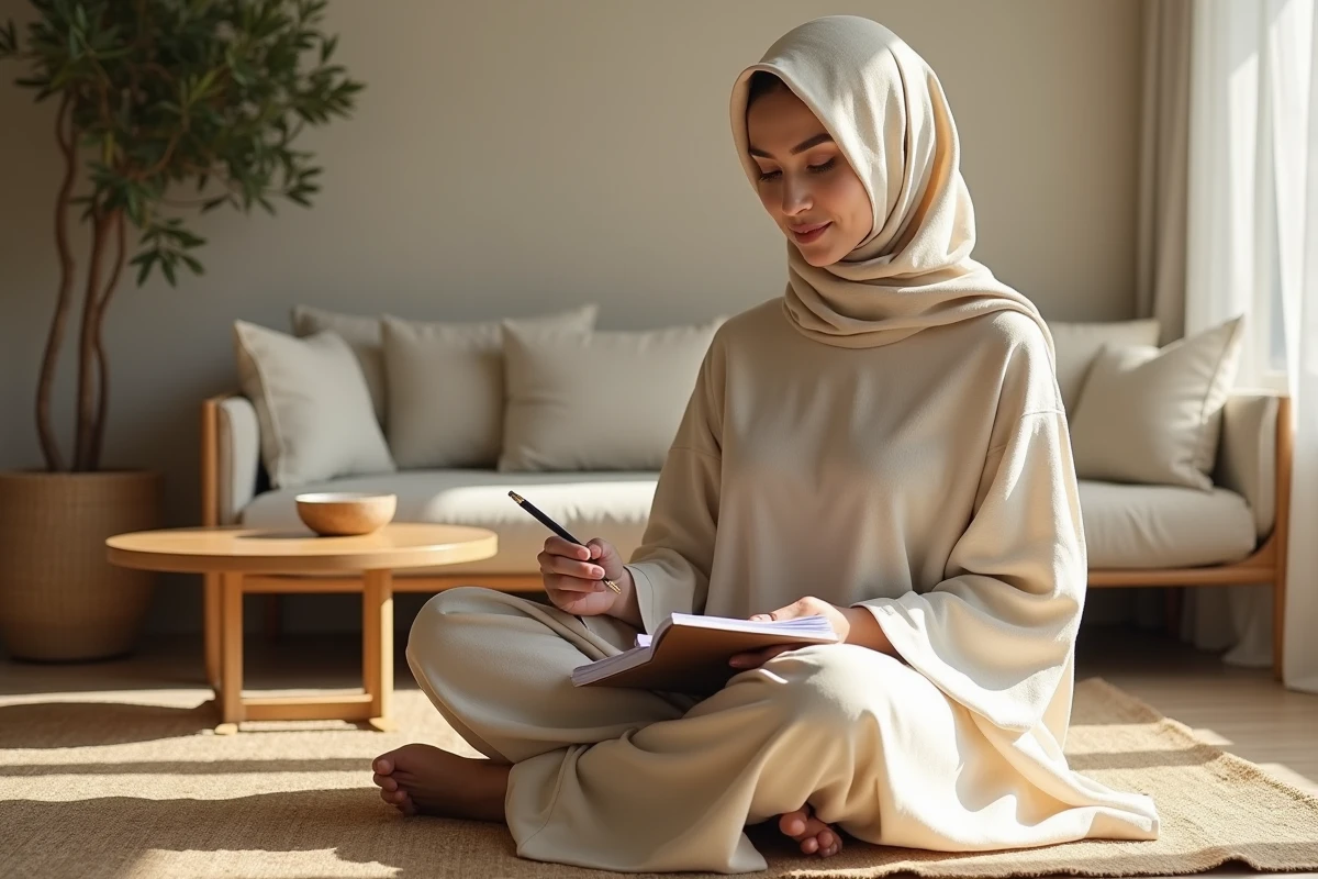 Femme portant un djilbeb en lin beige assise sur un tapis comparant des échantillons de tissu chez elle