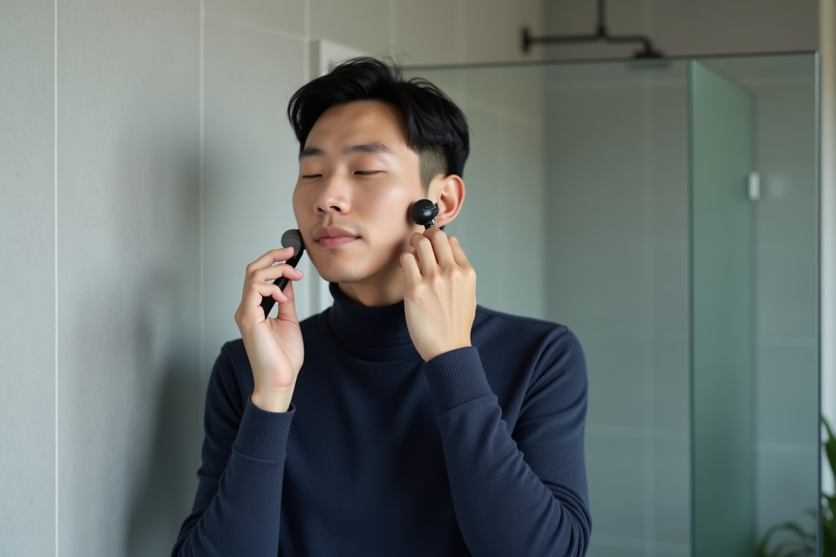 Homme asiatique appliquant un roller facial dans la salle de bain