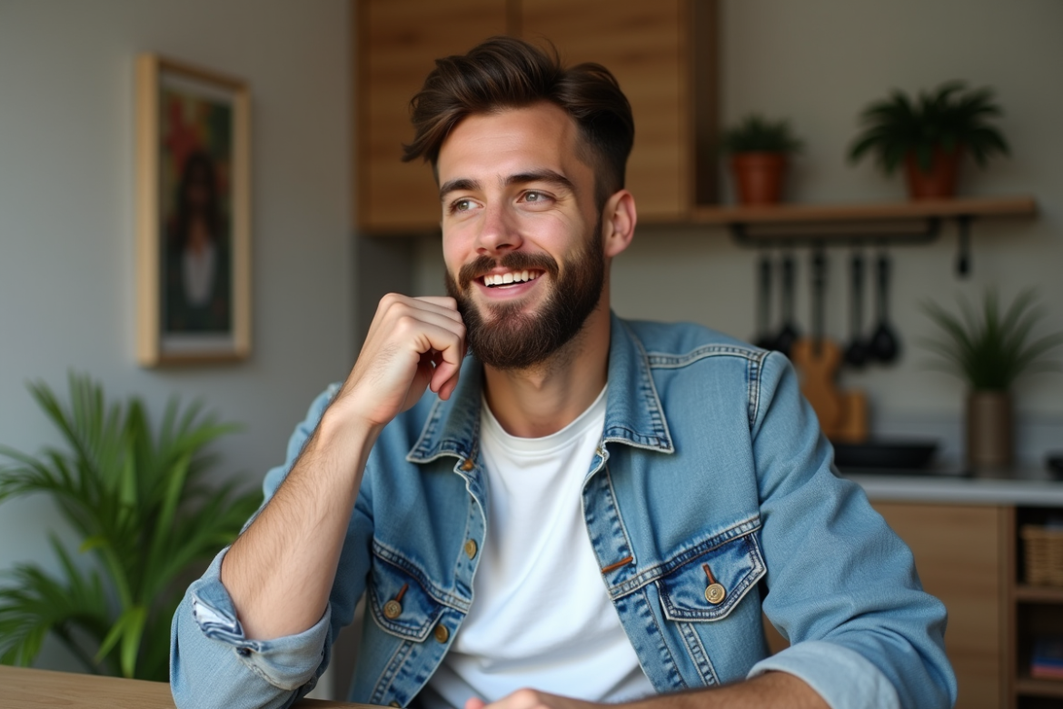 Jeune homme avec barbe contemplative en matinée
