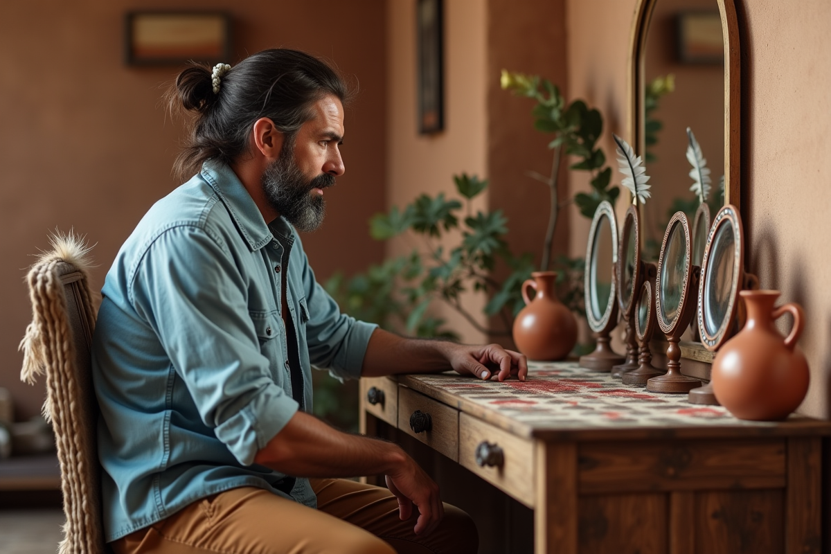 Homme regardant des accessoires ethniques dans un coin beauté